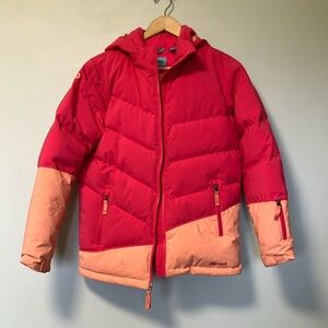 Marmot Kids Vibrant Red and Peach Coral Puffer Jacket